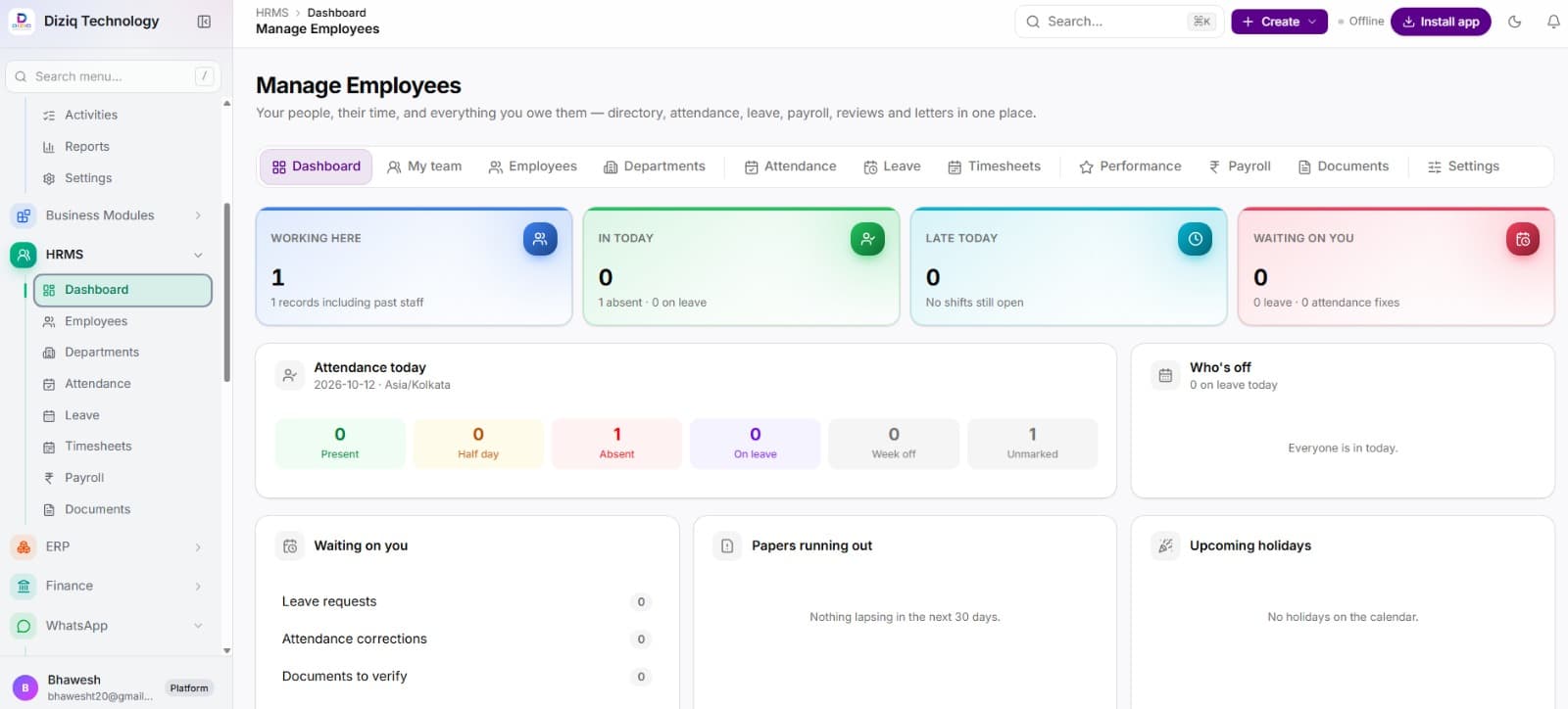 DIZIQ HRMS dashboard